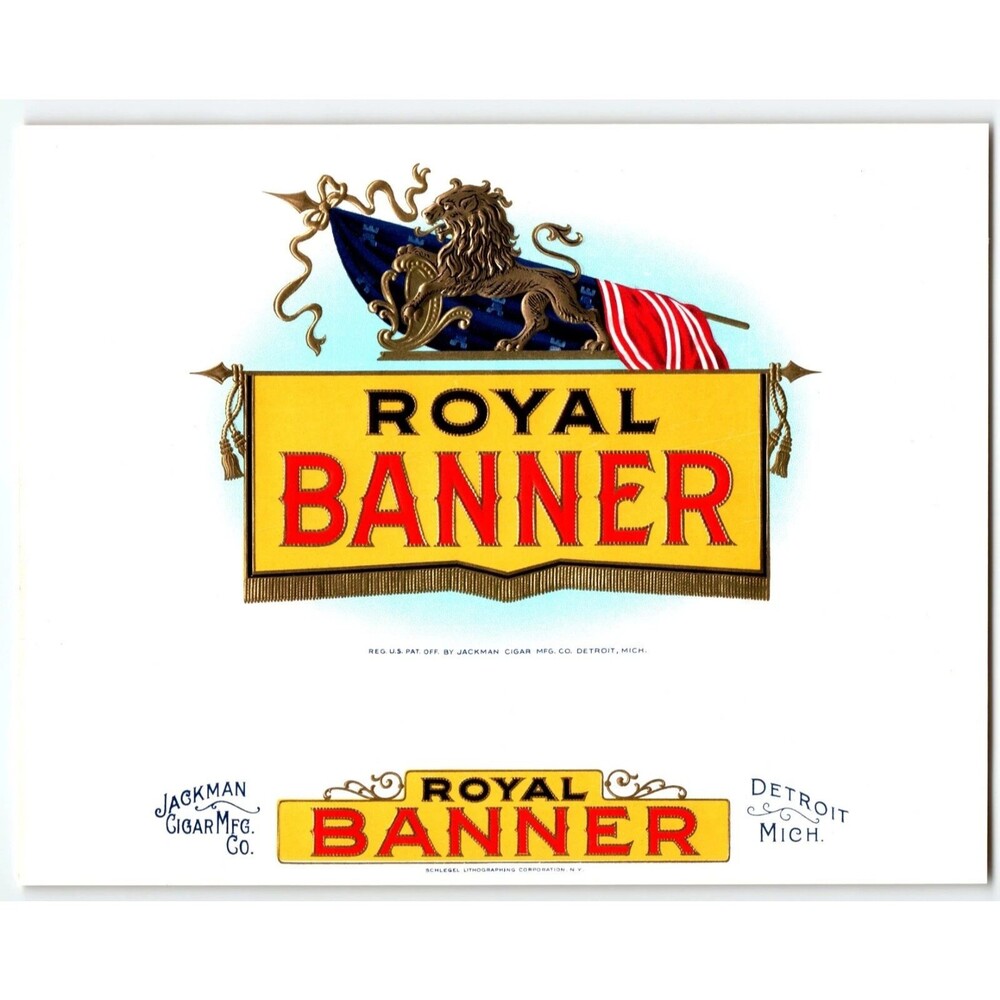 Royal Banner Lion Flag Cigar Box Label Deep Embossed Vintage Original Detroit